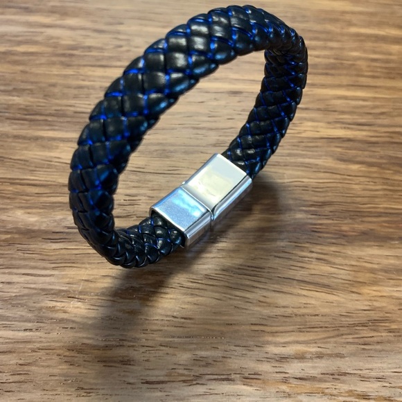 Leather + Stainless Steel Bracelet, Black+ Blue, 7” - Picture 1 of 3